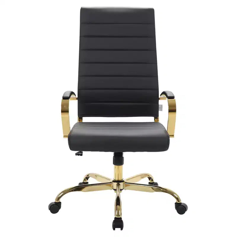 Chaise de bureau LeisureMod Benmar en cuir nervuré à dossier haut - Chaise de bureau exécutive moderne pivotante et inclinable - Base dorée
