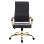 Chaise de bureau LeisureMod Benmar en cuir nervuré à dossier haut - Chaise de bureau exécutive moderne pivotante et inclinable - Base dorée
