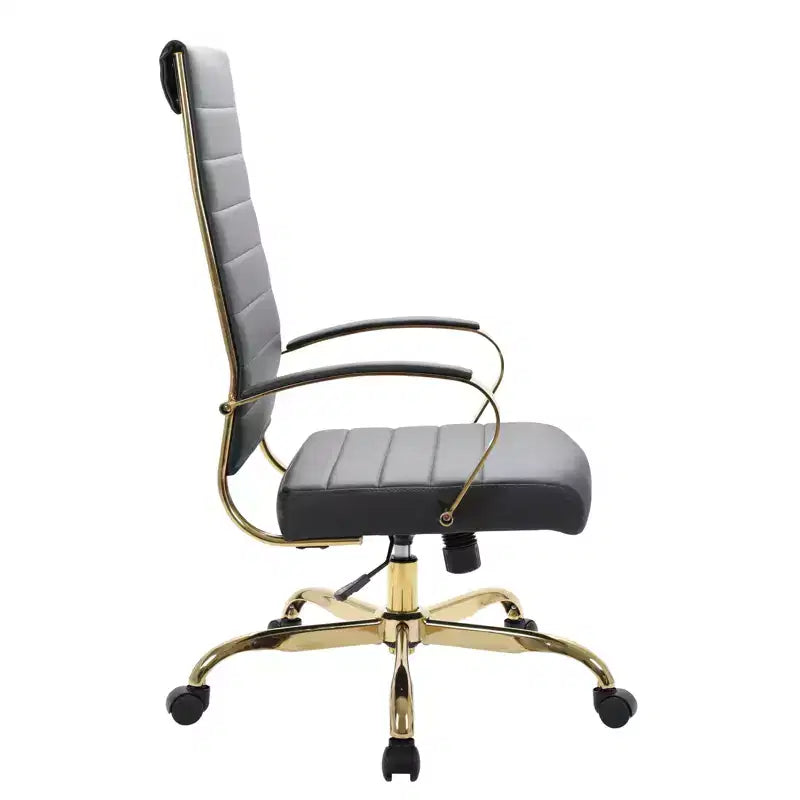 Chaise de bureau LeisureMod Benmar en cuir nervuré à dossier haut - Chaise de bureau exécutive moderne pivotante et inclinable - Base dorée