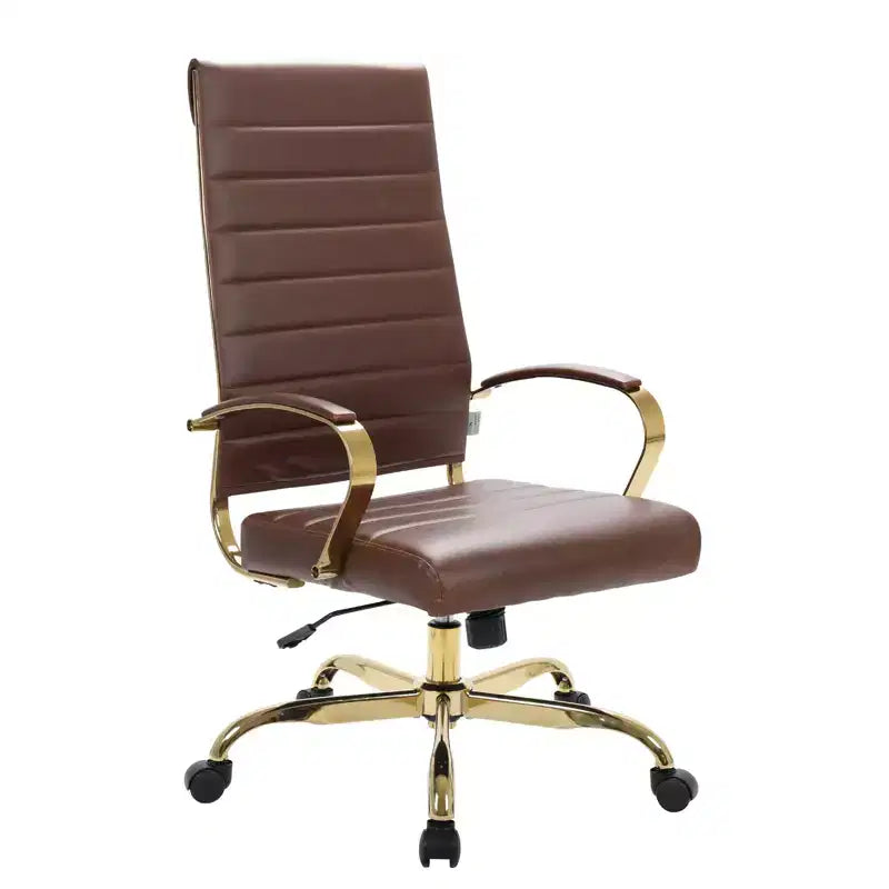 Chaise de bureau LeisureMod Benmar en cuir nervuré à dossier haut - Chaise de bureau exécutive moderne pivotante et inclinable - Base dorée
