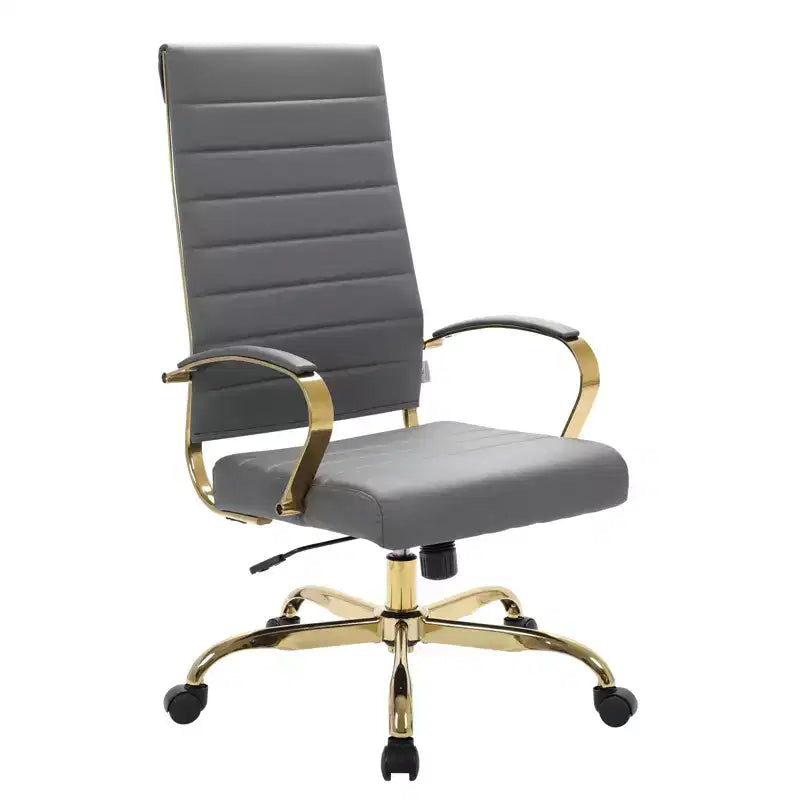 Chaise de bureau LeisureMod Benmar en cuir nervuré à dossier haut - Chaise de bureau exécutive moderne pivotante et inclinable - Base dorée