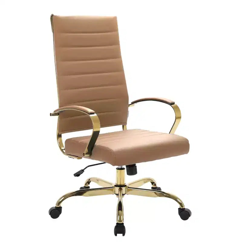 Chaise de bureau LeisureMod Benmar en cuir nervuré à dossier haut - Chaise de bureau exécutive moderne pivotante et inclinable - Base dorée