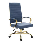 Chaise de bureau LeisureMod Benmar en cuir nervuré à dossier haut - Chaise de bureau exécutive moderne pivotante et inclinable - Base dorée
