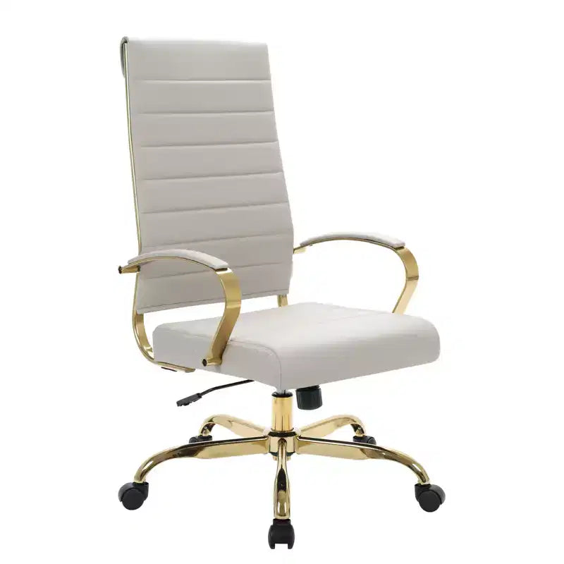 Chaise de bureau LeisureMod Benmar en cuir nervuré à dossier haut - Chaise de bureau exécutive moderne pivotante et inclinable - Base dorée