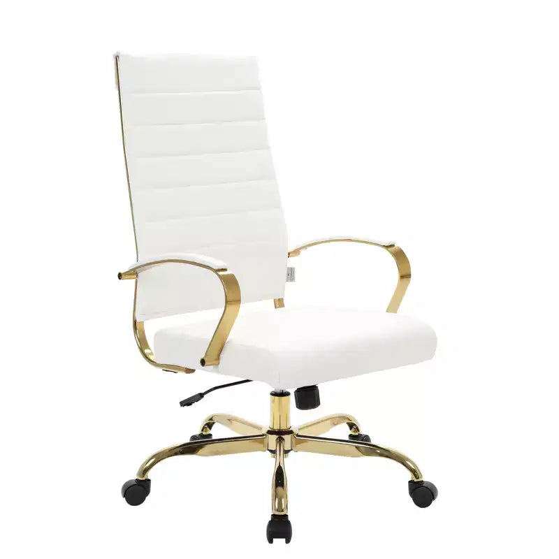 Chaise de bureau LeisureMod Benmar en cuir nervuré à dossier haut - Chaise de bureau exécutive moderne pivotante et inclinable - Base dorée