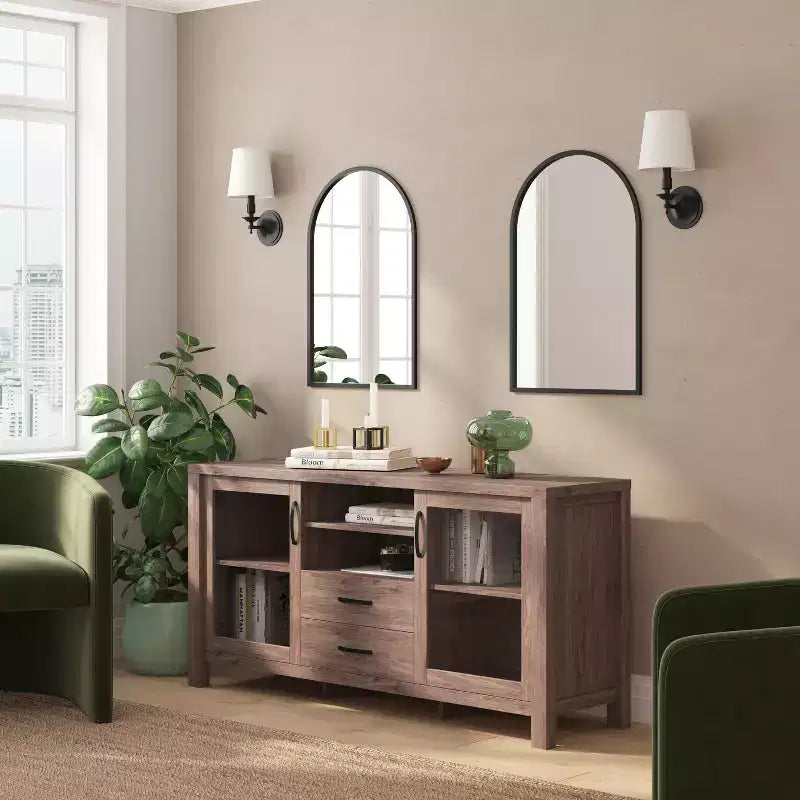 Buffet/bahut Merrick Lane en bois composite avec deux tiroirs et une étagère ouverte, deux portes en verre trempé pour salle à manger/cuisine