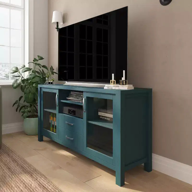 Merrick Lane Two-Drawer Engineered Wood Buffet Sideboard Cabinet with Open Shelf, Two Tempered Glass Cabinet Doors for Dining Room/Kitchen
