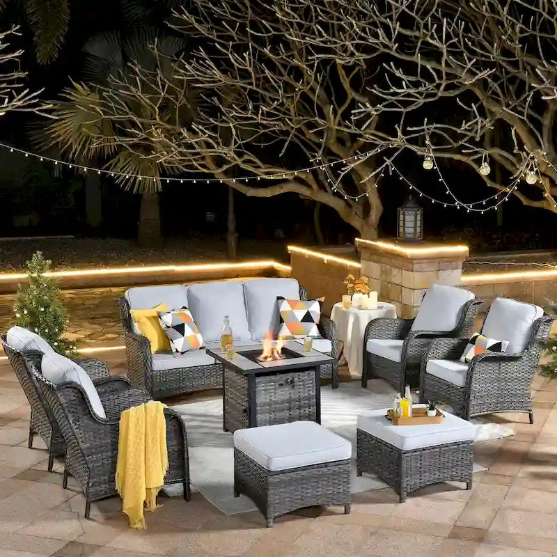 Ensemble de mobilier de jardin 8 pièces en osier gris OVIOS avec foyer