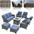Ensemble de mobilier de jardin 8 pièces en osier gris OVIOS avec foyer