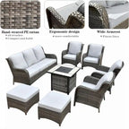 Ensemble de mobilier de jardin 8 pièces en osier gris OVIOS avec foyer