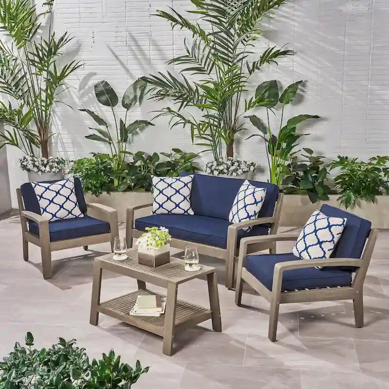 Ensemble de conversation d'extérieur 4 pièces en bois Grenada avec coussins par Christopher Knight Home