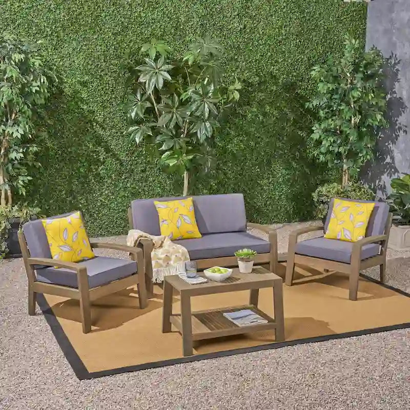 Ensemble de conversation d'extérieur 4 pièces en bois Grenada avec coussins par Christopher Knight Home