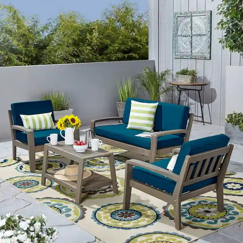 Ensemble de conversation d'extérieur 4 pièces en bois Grenada avec coussins par Christopher Knight Home