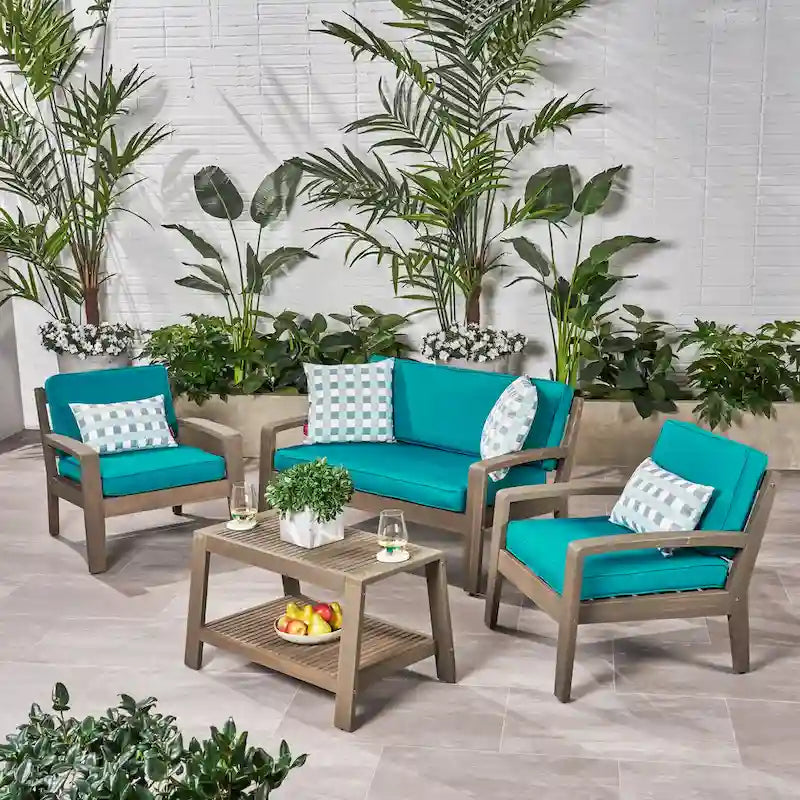 Ensemble de conversation d'extérieur 4 pièces en bois Grenada avec coussins par Christopher Knight Home