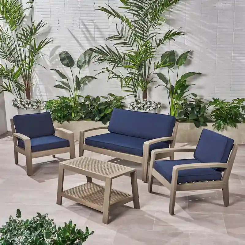 Ensemble de conversation d'extérieur 4 pièces en bois Grenada avec coussins par Christopher Knight Home