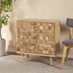 Commode à 3 tiroirs en bois de manguier fabriquée à la main, style Mid-Century Modern