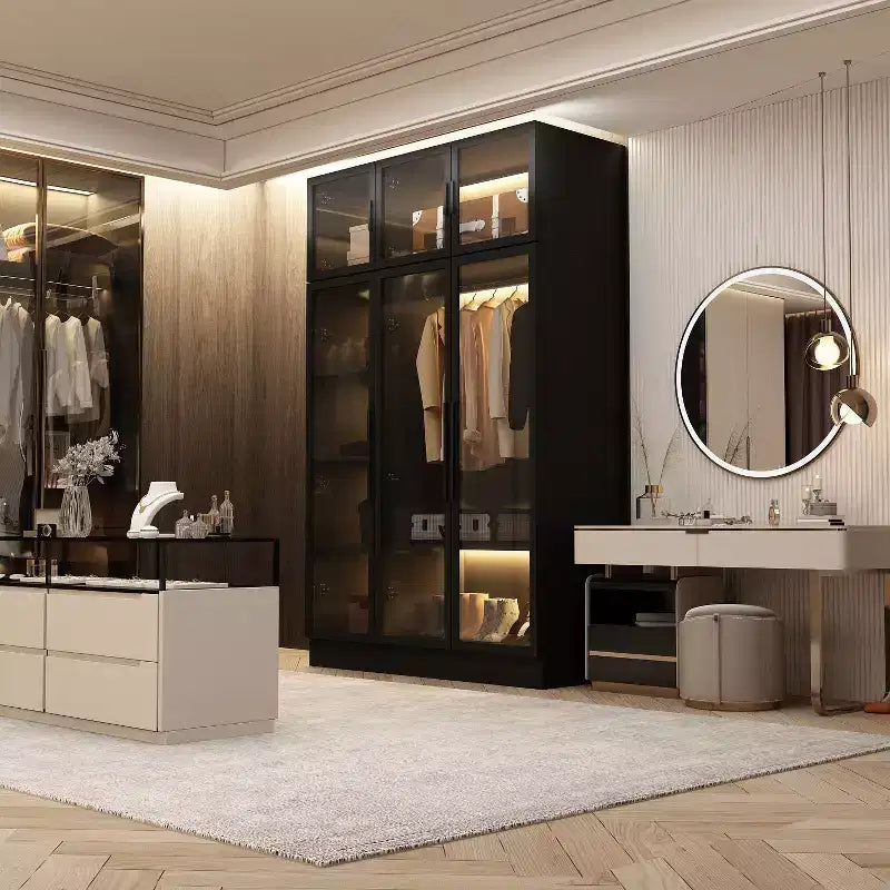 Armoire de présentation Famapy, placard avec porte en verre et lumière LED, armoire penderie noire