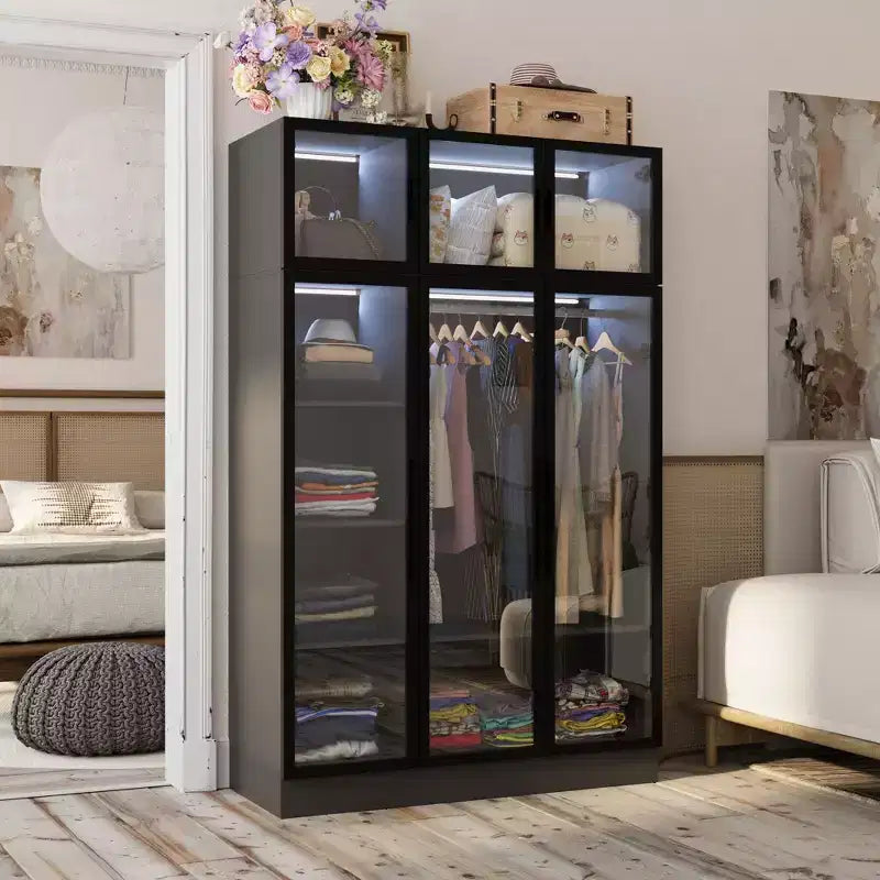 Armoire de présentation Famapy, placard avec porte en verre et lumière LED, armoire penderie noire