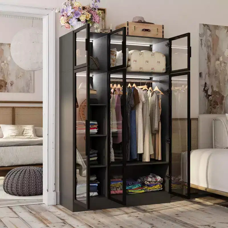 Armoire de présentation Famapy, placard avec porte en verre et lumière LED, armoire penderie noire