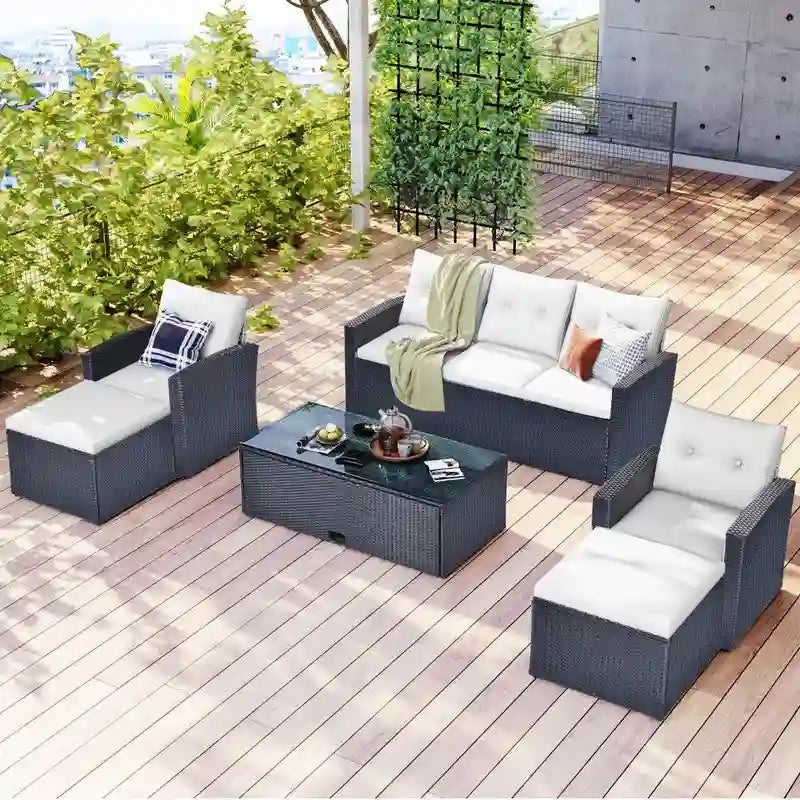 6-piece Patio Furniture Wicker Rattan Conversation Sectional Set with Table