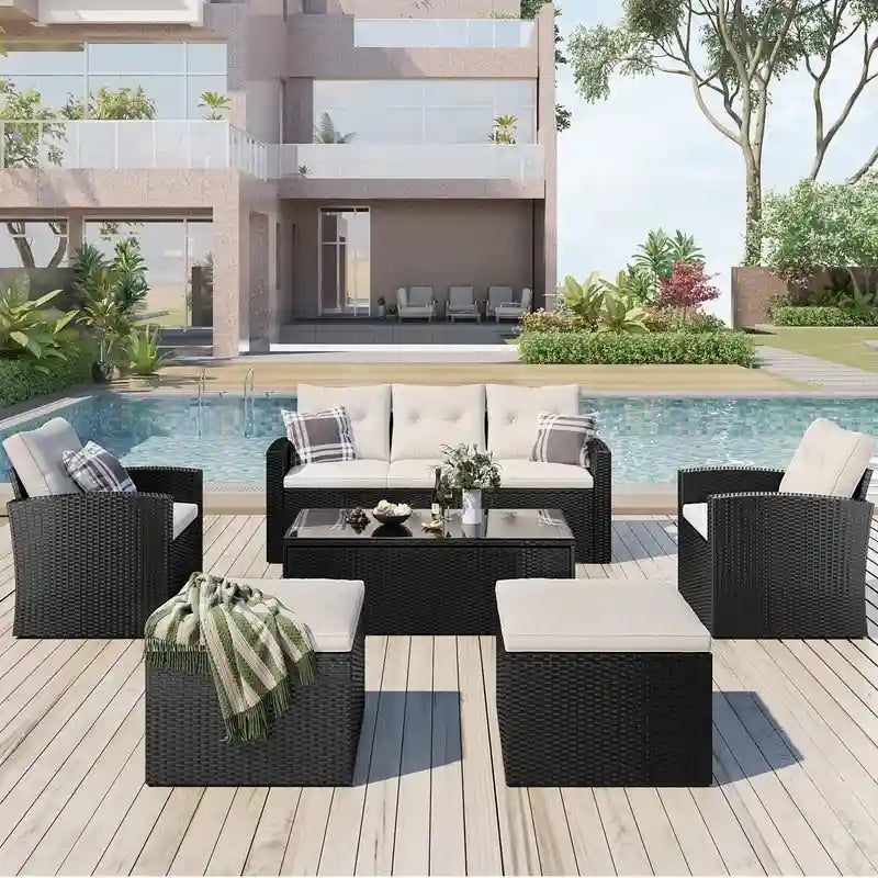 Ensemble de salon de jardin 6 pièces en rotin tressé avec table