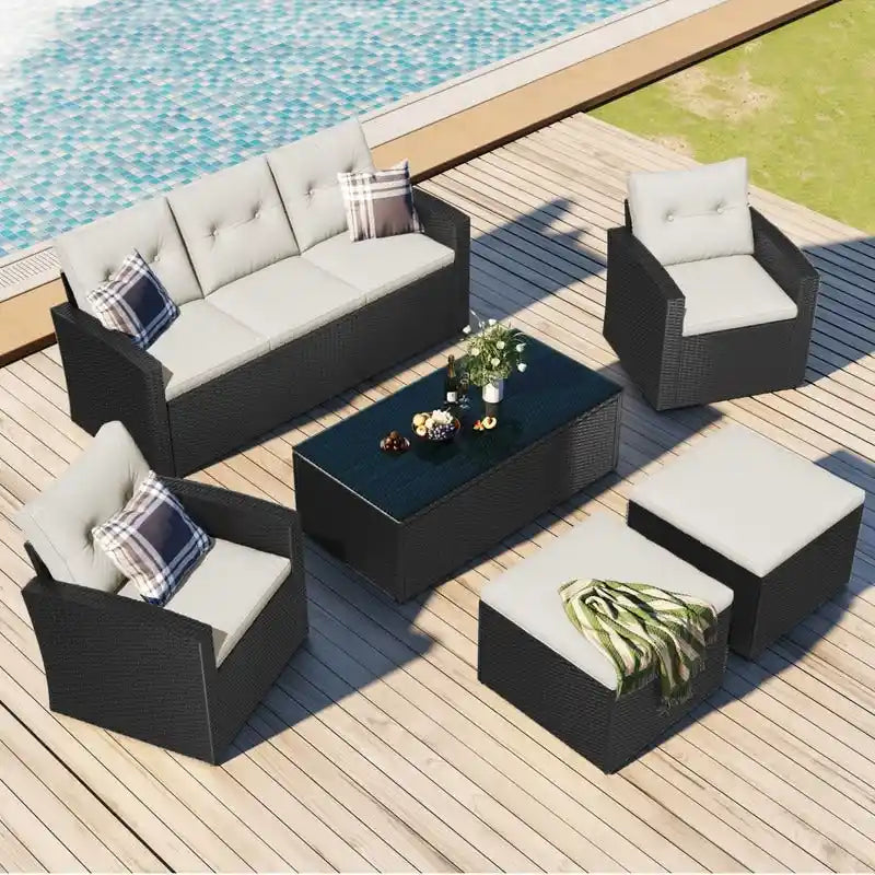 Ensemble de salon de jardin 6 pièces en rotin tressé avec table