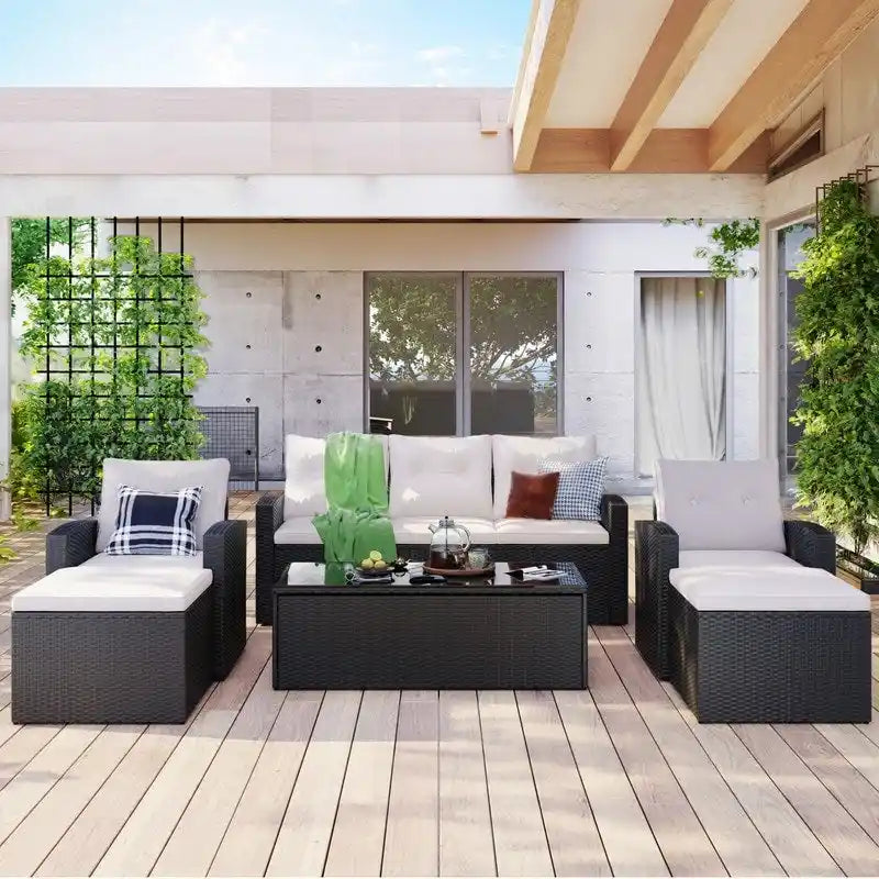 Ensemble de salon de jardin 6 pièces en rotin tressé avec table