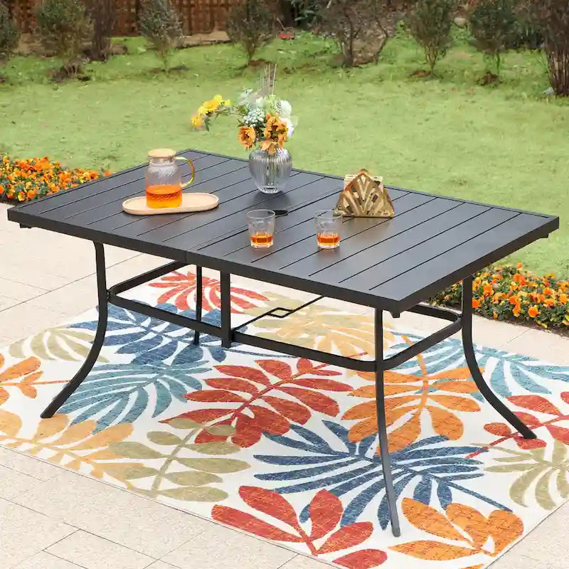 Ensemble de salle à manger d'extérieur 7 pièces, 6 chaises pivotantes en textilène et 1 table en métal avec trou pour parasol de 2,6 pouces