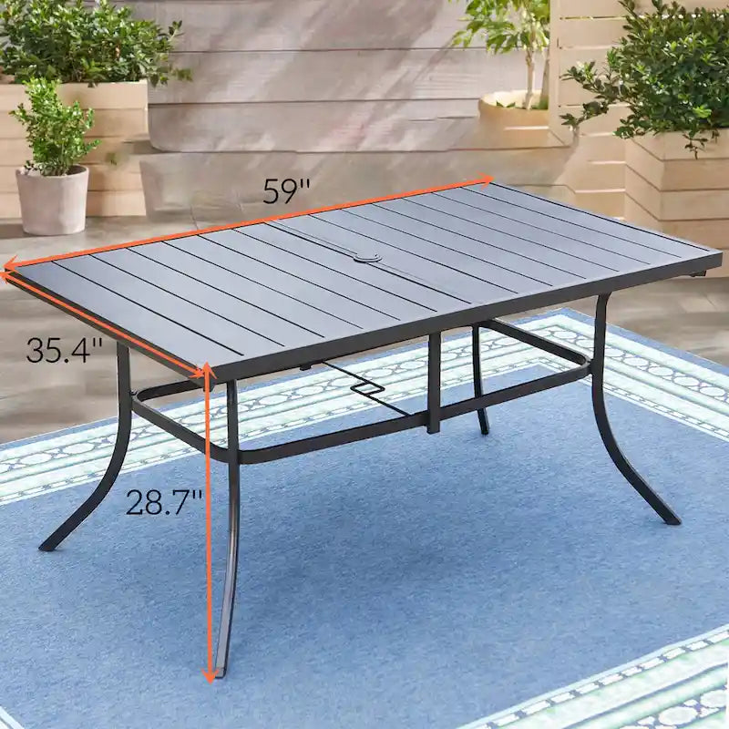 Ensemble de salle à manger d'extérieur 7 pièces, 6 chaises pivotantes en textilène et 1 table en métal avec trou pour parasol de 2,6 pouces