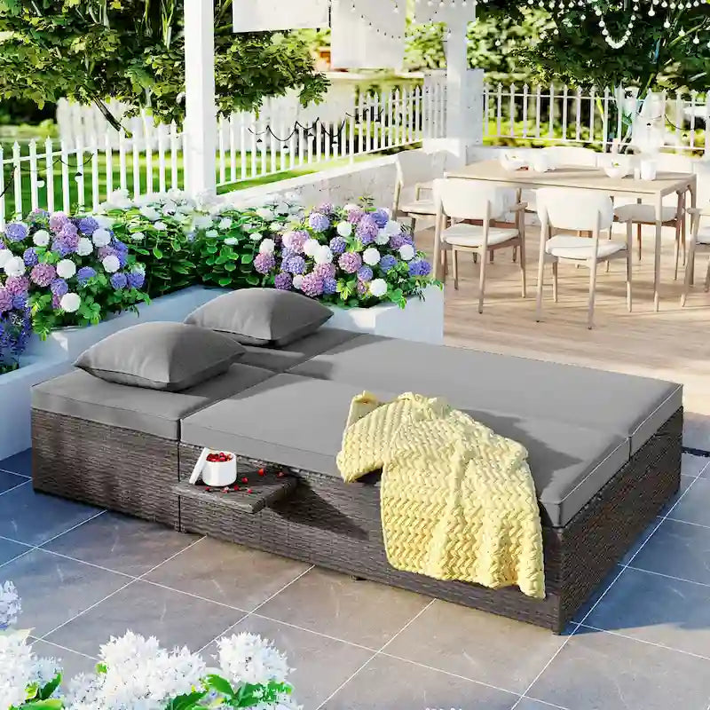 Bain de soleil double gris en osier pour l'extérieur avec dossier réglable