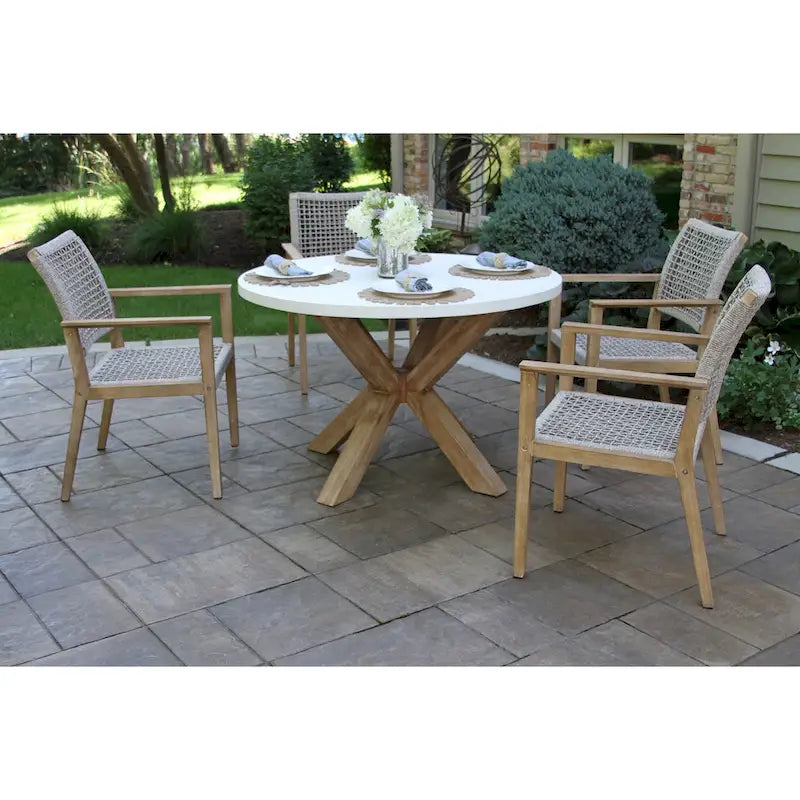 Table à manger Cordelia 48 en composite ivoire avec 4 chaises en corde de blé