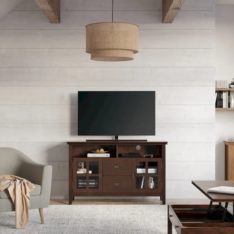 Meuble TV contemporain en bois massif, 122 cm de large, couleur brun roux, pour téléviseurs jusqu'à 55 pouces
