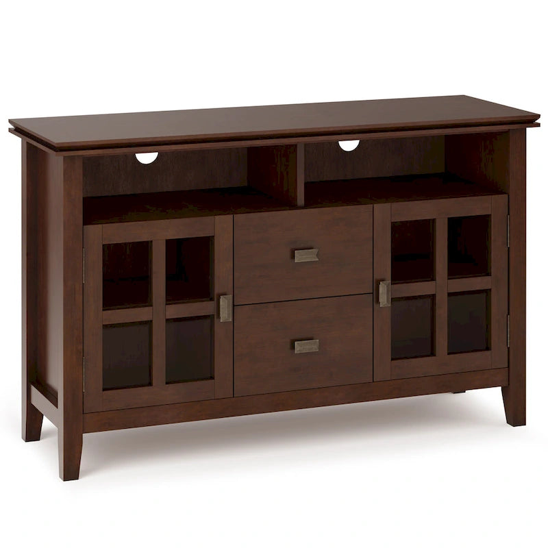 Meuble TV contemporain en bois massif, 122 cm de large, couleur brun roux, pour téléviseurs jusqu'à 55 pouces