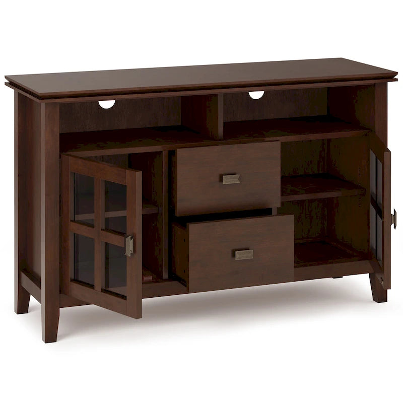 Meuble TV contemporain en bois massif, 122 cm de large, couleur brun roux, pour téléviseurs jusqu'à 55 pouces