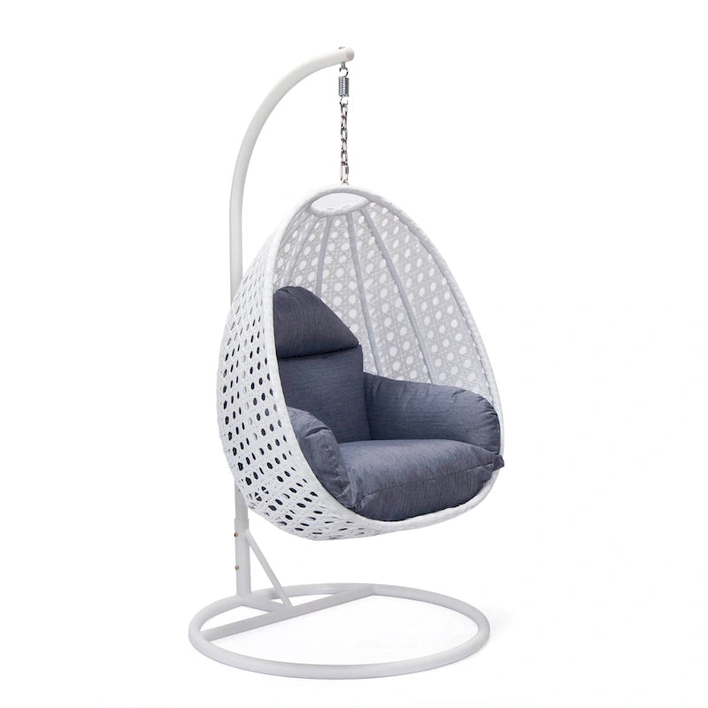 Fauteuil suspendu de jardin œuf avec coque en osier blanc et cadre en fer pour l'intérieur, le patio, le porche, le jardin et l'arrière-cour