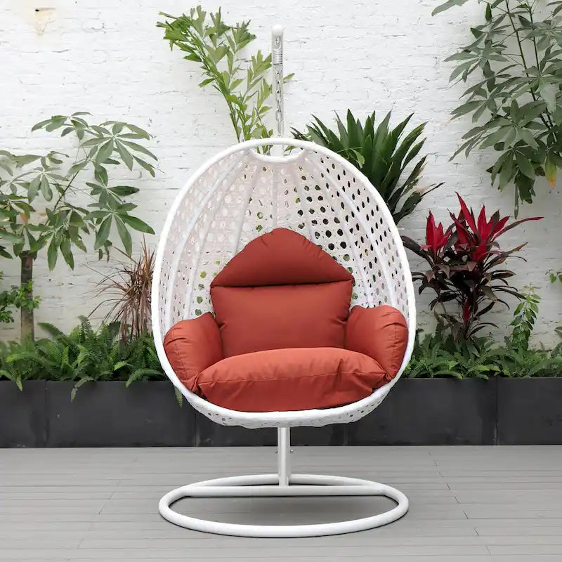 Fauteuil suspendu de jardin œuf avec coque en osier blanc et cadre en fer pour l'intérieur, le patio, le porche, le jardin et l'arrière-cour