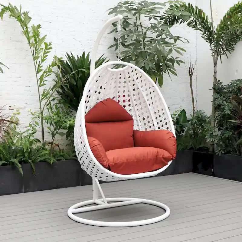Fauteuil suspendu de jardin œuf avec coque en osier blanc et cadre en fer pour l'intérieur, le patio, le porche, le jardin et l'arrière-cour