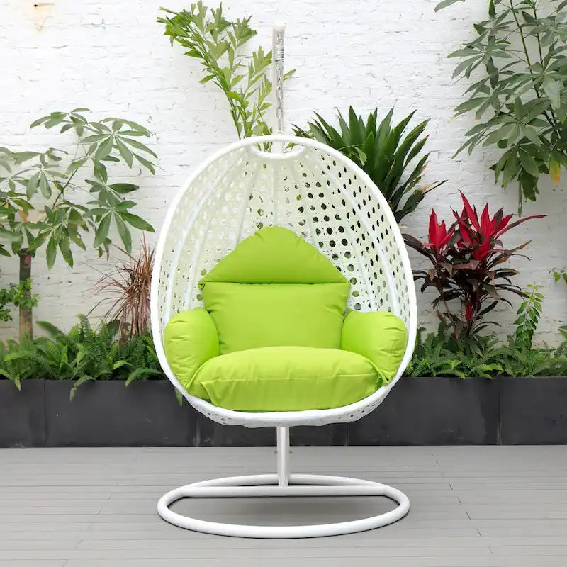 Fauteuil suspendu de jardin œuf avec coque en osier blanc et cadre en fer pour l'intérieur, le patio, le porche, le jardin et l'arrière-cour