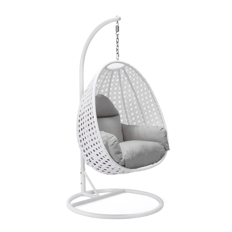 Fauteuil suspendu de jardin œuf avec coque en osier blanc et cadre en fer pour l'intérieur, le patio, le porche, le jardin et l'arrière-cour
