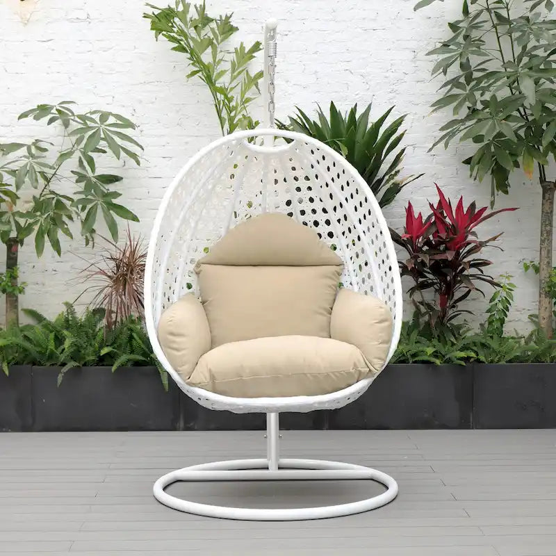 Fauteuil suspendu de jardin œuf avec coque en osier blanc et cadre en fer pour l'intérieur, le patio, le porche, le jardin et l'arrière-cour