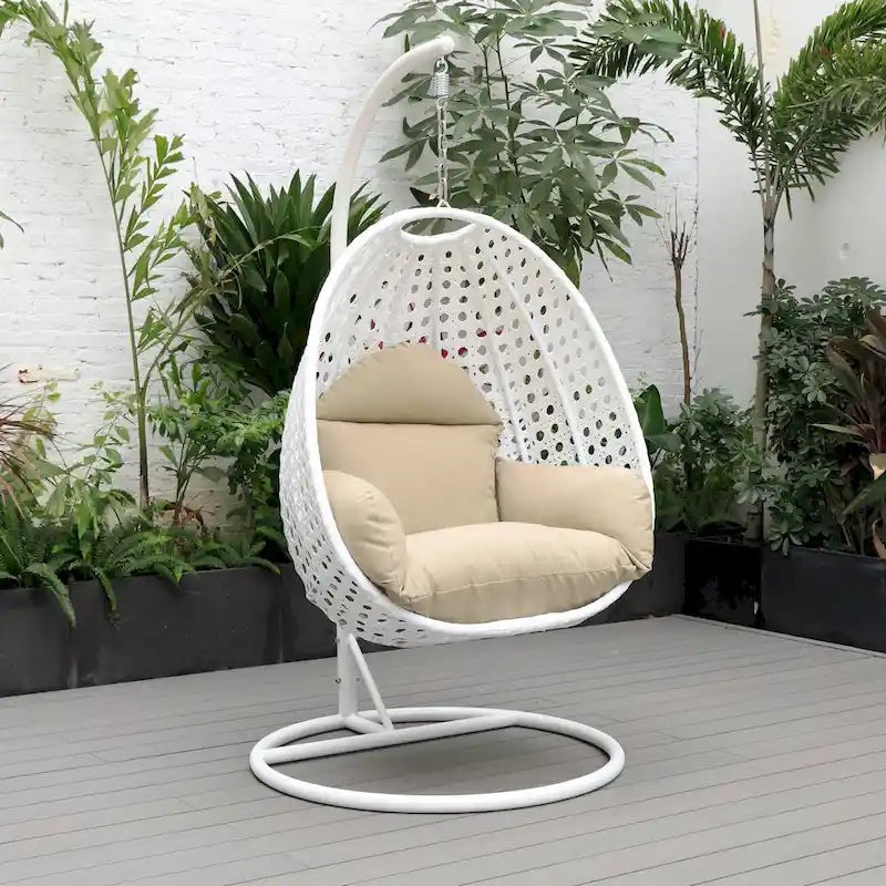 Fauteuil suspendu de jardin œuf avec coque en osier blanc et cadre en fer pour l'intérieur, le patio, le porche, le jardin et l'arrière-cour