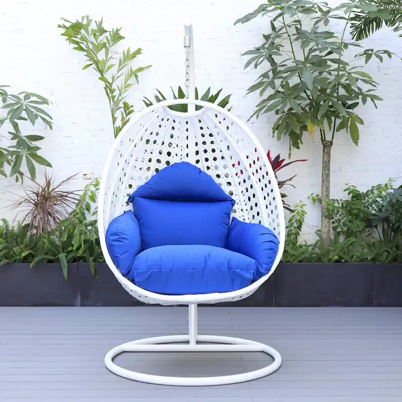 Fauteuil suspendu de jardin œuf avec coque en osier blanc et cadre en fer pour l'intérieur, le patio, le porche, le jardin et l'arrière-cour