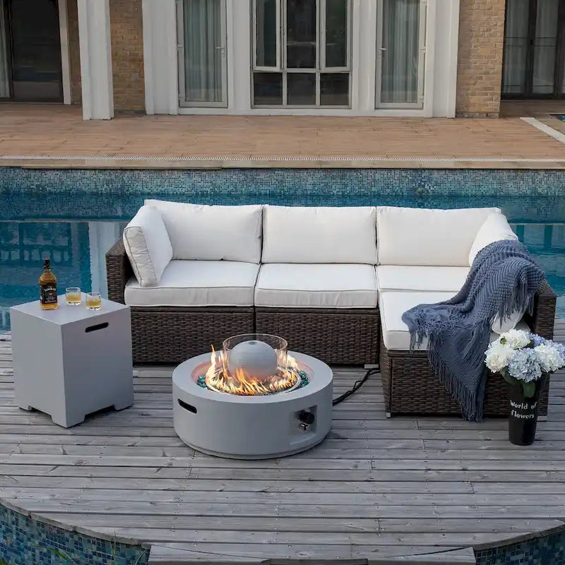 Ensemble de meubles d'extérieur en osier COSIEST avec foyer et fontaine d'eau