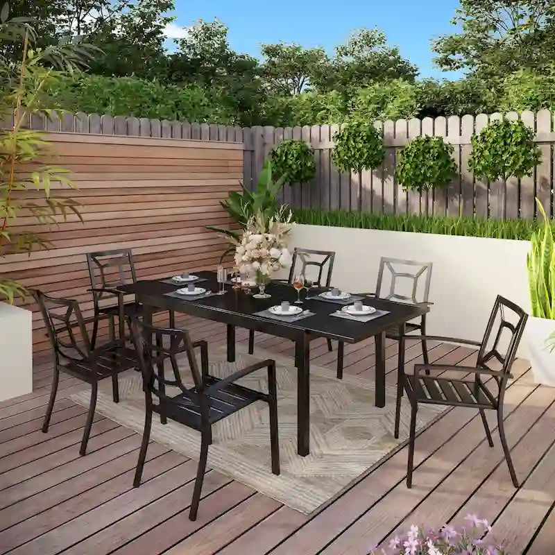 Ensemble repas d'extérieur pour 6 à 8 personnes MAISON ARTS, 6 ou 8 chaises empilables en métal, 1 table rectangulaire extensible