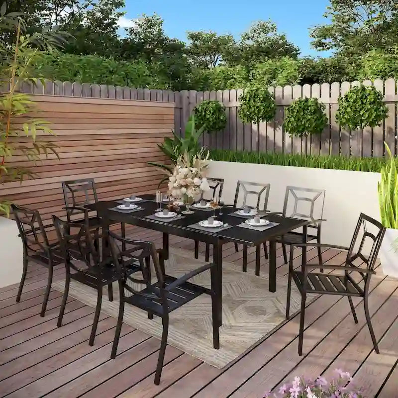 Ensemble repas d'extérieur pour 6 à 8 personnes MAISON ARTS, 6 ou 8 chaises empilables en métal, 1 table rectangulaire extensible