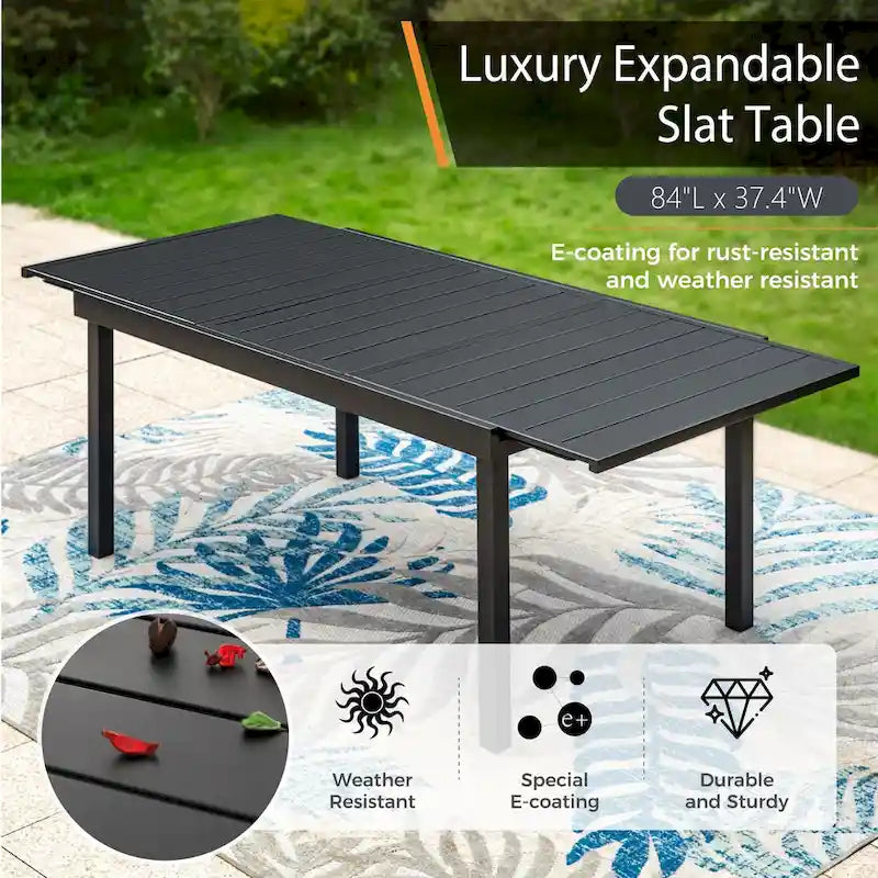 Ensemble repas d'extérieur pour 6 à 8 personnes MAISON ARTS, 6 ou 8 chaises empilables en métal, 1 table rectangulaire extensible