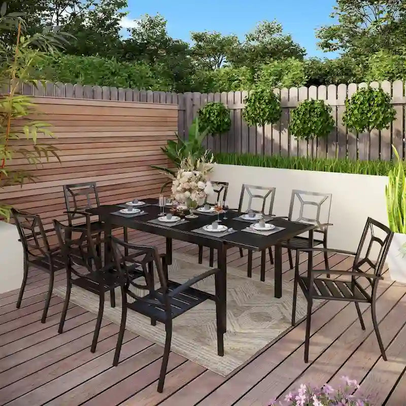 Ensemble repas d'extérieur pour 6 à 8 personnes MAISON ARTS, 6 ou 8 chaises empilables en métal, 1 table rectangulaire extensible