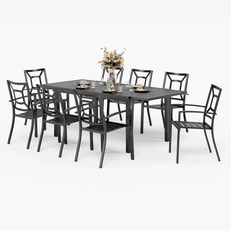 Ensemble repas d'extérieur pour 6 à 8 personnes MAISON ARTS, 6 ou 8 chaises empilables en métal, 1 table rectangulaire extensible