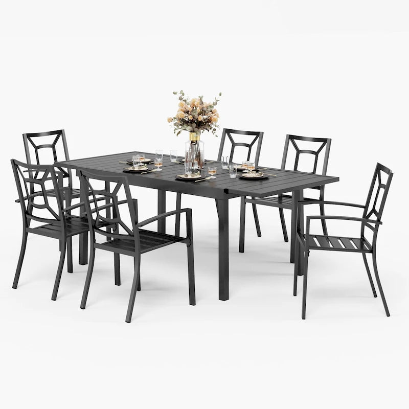 Ensemble repas d'extérieur pour 6 à 8 personnes MAISON ARTS, 6 ou 8 chaises empilables en métal, 1 table rectangulaire extensible