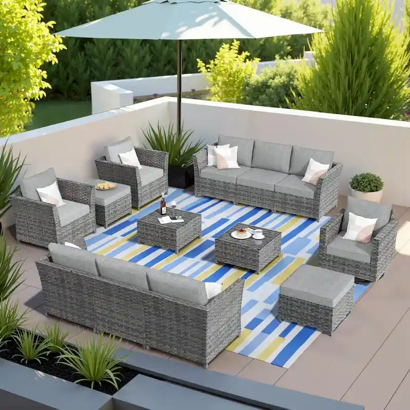 HOOOWOOO Ensemble de Meubles de Jardin Modulables en Rotin de 13 Pièces avec Fauteuil Pivotant